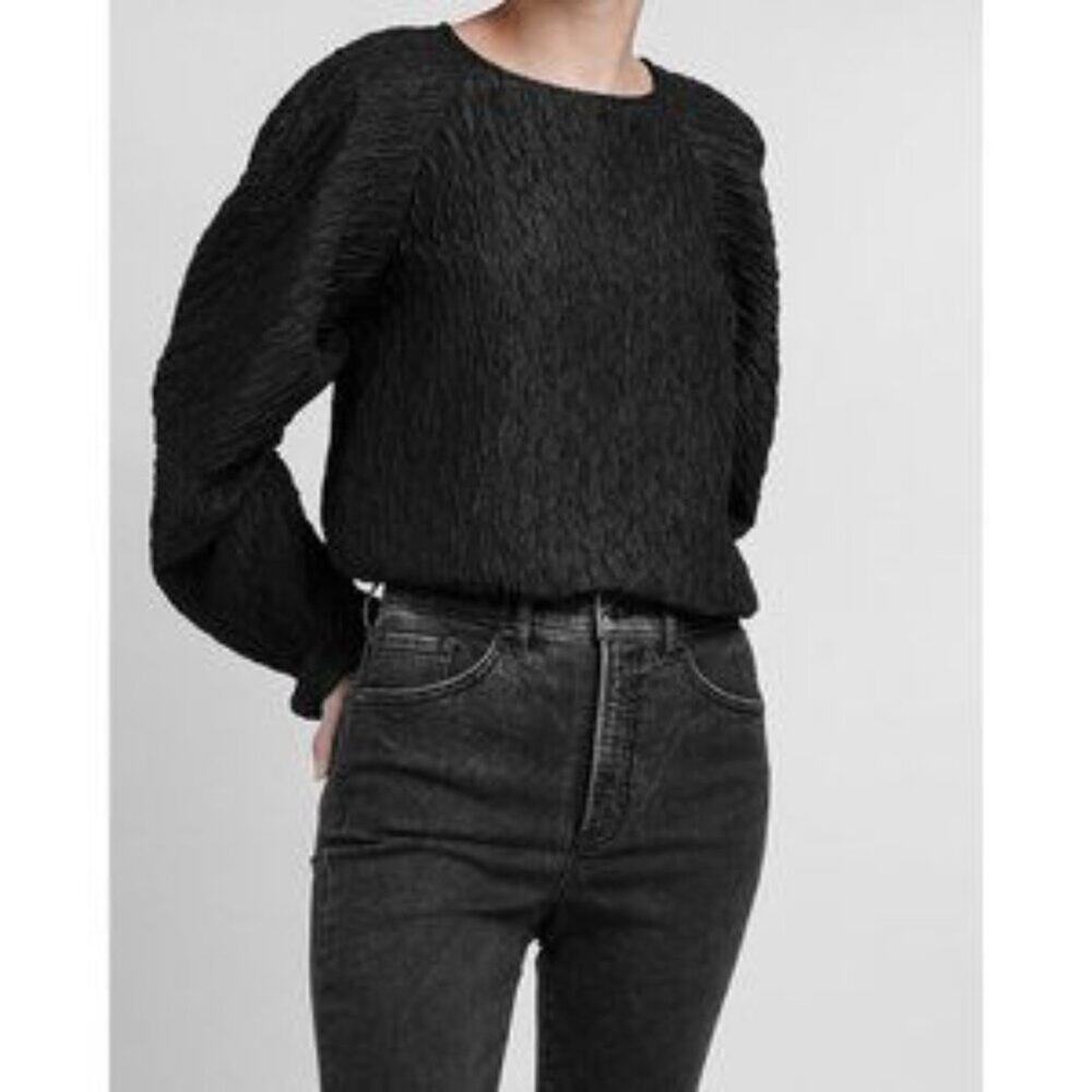 Express Black Textured Jacquard Puff Sleeve Top Dressy Size XS